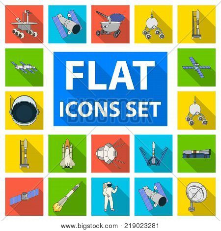 Space technology flat icons in set collection for design.Spacecraft and equipment vector symbol stock  illustration.