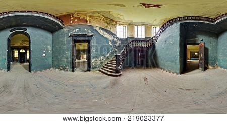 GRODNO BELARUS - JUNE 21 2014: Full 360 degree panorama in equirectangular spherical projection in old abandoned farmstead. Photorealistic VR content
