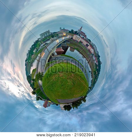 Little planet. Spherical view of Bridge over the river to the city at sunset