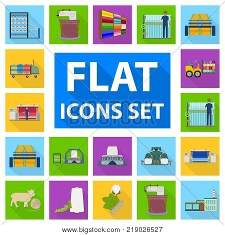 Textile industry flat icons in set collection for design.Textile equipment and fabrics vector symbol stock  illustration.
