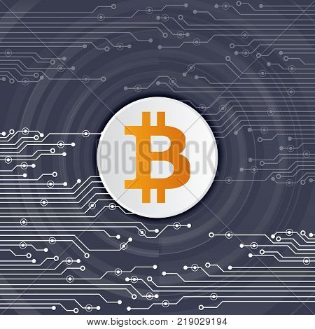 Abstract Bitcoin Crypto Currency Blockchain Technology On Global World Map. Vector Illustration.