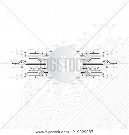 Abstract Bitcoin Crypto Currency Blockchain Technology On Global World Map. Vector Illustration.