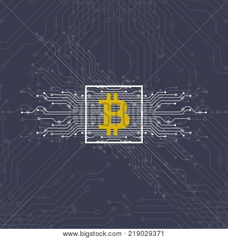Abstract Bitcoin Crypto Currency Blockchain Technology On Global World Map. Vector Illustration.
