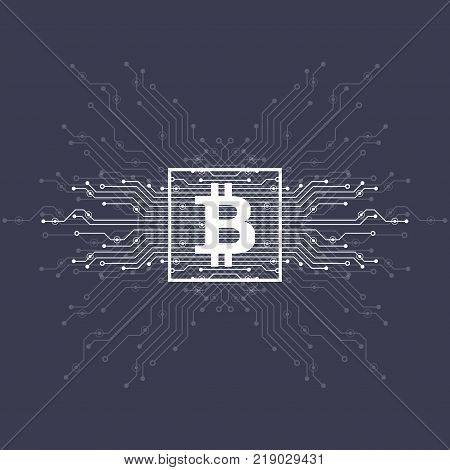 Abstract Bitcoin Crypto Currency Blockchain Technology On Global World Map. Vector Illustration.