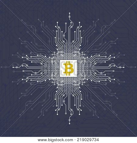 Abstract Bitcoin Crypto Currency Blockchain Technology On Global World Map. Vector Illustration.