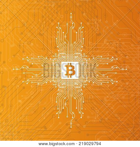 Abstract Bitcoin Crypto Currency Blockchain Technology On Global World Map. Vector Illustration.