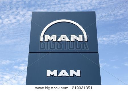 Villefranche, France - June 11, 2017: Man logo on a panel. Man is a German mechanical engineering company and parent company of the MAN Group. MAN supplies trucks, buses, diesel engines and turbomachinery