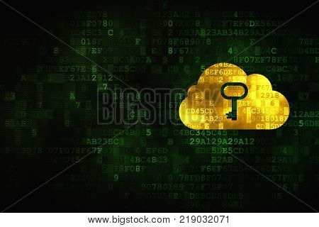 Cloud computing concept: pixelated Cloud With Key icon on digital background, empty copyspace for card, text, advertising