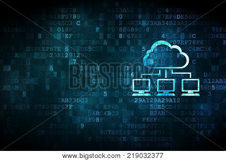 Cloud technology concept: pixelated Cloud Network icon on digital background, empty copyspace for card, text, advertising