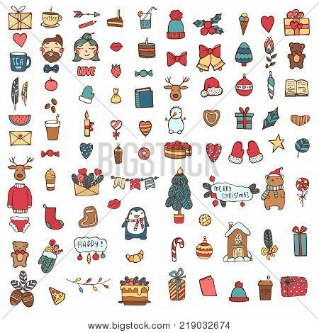 Merry Christmas, Happy New Year cute hand drawn elements. Collection of Holiday items. Trendy minimal design. Ideal for greeting cards, posters, stickers, invitations, gift tags. Vector.