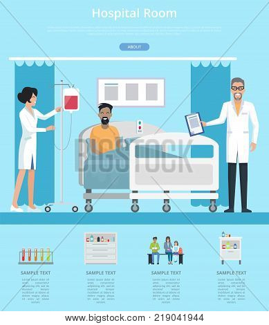 Hospital room services description with nurse and doctor in hospital room working with patient. Vector illustration with man in hospital bed on blue