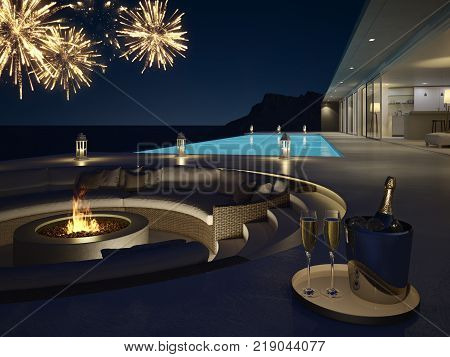 pool villa with fireworks and champagne. 3d rendering