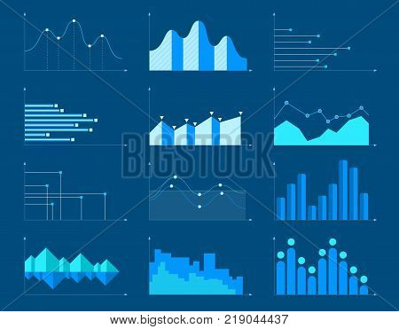 Set of different graphs and charts information on charts statistical data. Business charts and graphs infographic elements. Vector illustration.