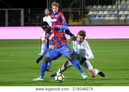 RIJEKA CROATIA - December 2 2017: Soccer players Alexander Gorgon in duel with Hamza in soccer match between HNK Rijeka and HNK Hajduk at HNK Rijeka Stadium