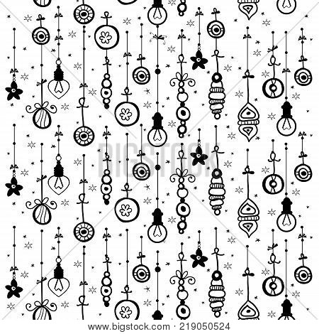 Seamless Christmas pattern with stylized decorate toys. Black and white. Endless texture. Xmas balls pattern blackground