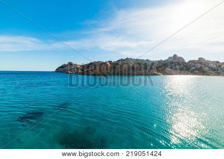 Turquoise water under a shining sun in Spalmatore beach Sardinia