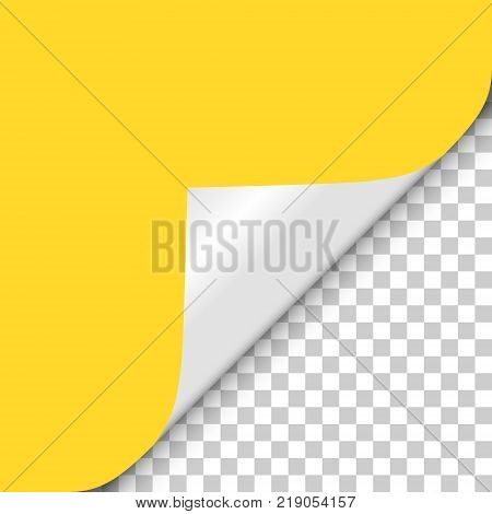 Yellow page twisted angle from shadow to transparent background realistic vector illustration.