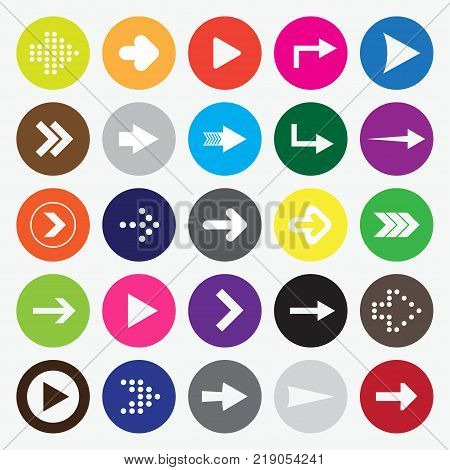 Set Of Twenty-five White Arrows To The Right In Colored Circles.