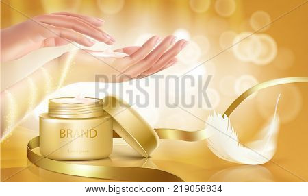 Gold jar with open lid is full of cosmetic cream on golden background with womens hands, ribbon and white feather, vector realistic. Template mock up for branding to promote luxury cosmetic product