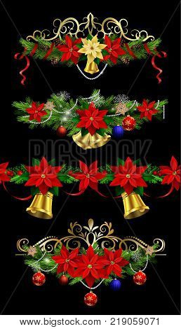 Christmas decoration collection with evergreen treess holly and metal swirl forging Vector seamless ornament included