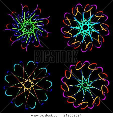 Guilloche and galactic signs. Four neon objects for a certificate or a voucher. Neon circles with notches on a black background.