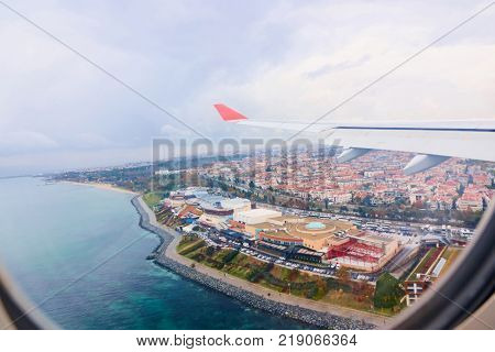 view from the airplane window to the city