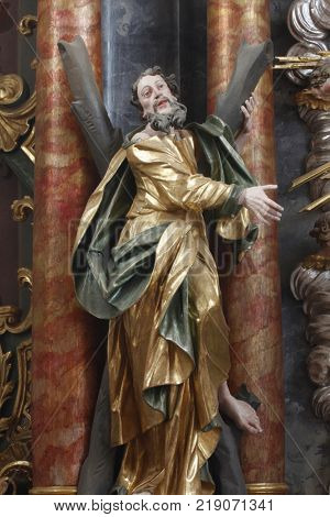 BELEC, CROATIA - NOVEMBER 17: Saint Andrew Apostle statue on the altar in the Baroque Church of Our Lady of the Snow in Belec, Croatia on November 17, 2011.