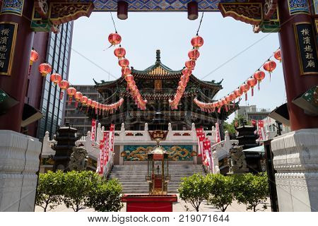 Yokohama - Japan, June 16, 2017; Chinese Mazu Miao Temple in China town in Yokohama city, Mazu, the Goddess of the Sea is worshipped at the Mazu Temple. 