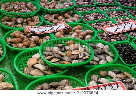 Kanazawa - Japan, June 8, 2017: Fresh seafood in green plastic baskets at the Omicho Market 