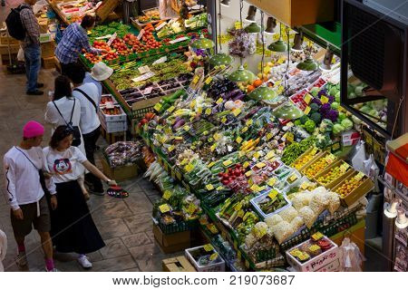 Kanazawa - Japan, June 10, 2017: Variety of fresh raw vegetables for sale at the Omicho Market 