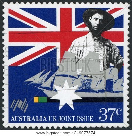 AUSTRALIA - CIRCA 1988: a stamp printed in Australia shows Australian colonist, first fleet vessel, Australia bicentennial, circa 1988