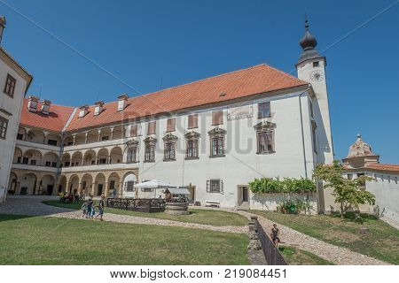 Ptuj / Slovenia - August 17, 2017: Castle in Ptuj next to the Drava river
