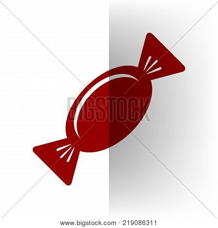 Candy sign illustration. Vector. Bordo icon on white bending paper background.