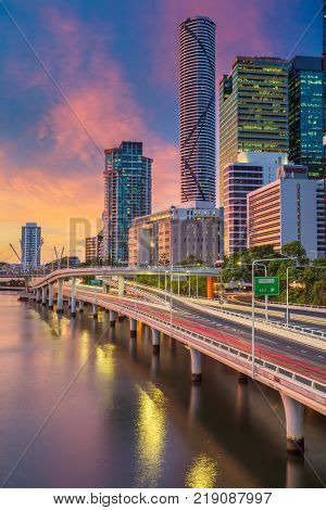 Brisbane. Cityscape image of Brisbane skyline, Australia during dramatic sunset.