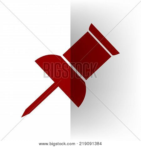 Pin push sign. Vector. Bordo icon on white bending paper background.