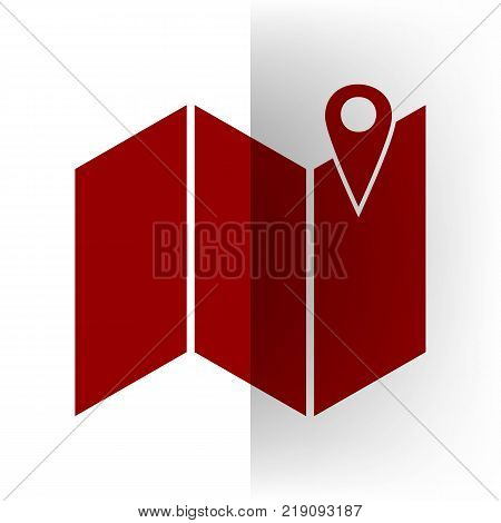 Pin on the map. Vector. Bordo icon on white bending paper background.