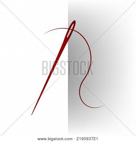 Needle with thread. Sewing needle, needle for sewing. Vector. Bordo icon on white bending paper background.
