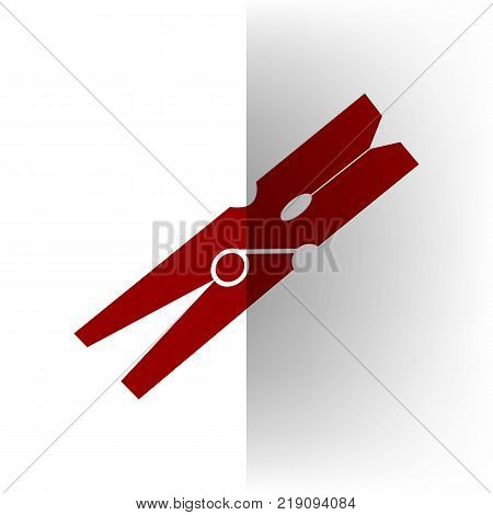 Clothes peg sign. Vector. Bordo icon on white bending paper background.