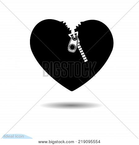 The heart icon. A symbol of love. Valentine s day with teeth Flat style for graphic and web design logo. Black as coal. A lot of soot. Shadow Zipper lock.