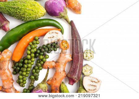 Group of fresh vegetables and herbs on white background. Free space for text