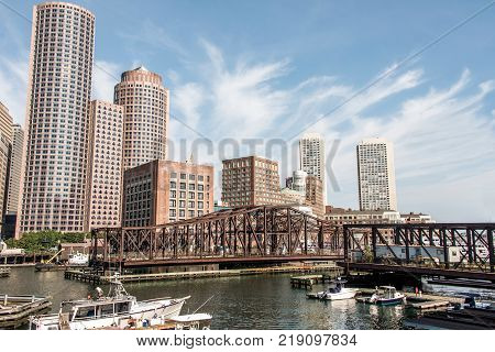 Boston massachusetts USA view on waterfront with skyscrapers and old avenue bridge