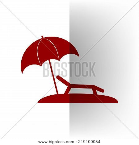 Tropical resort beach. Sunbed Chair sign. Vector. Bordo icon on white bending paper background.