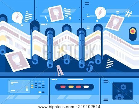 Print newspaper in printing house. Publishing and polygraphy. Vector illustration