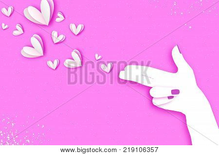 Woman hand making shape of pointed gun.Origami Female holding Two fingers like a revolver. Love Bang. White Hearts Shot. Paper cut style. Valentine day on purple. Romantic Holidays. 14 February.Vector