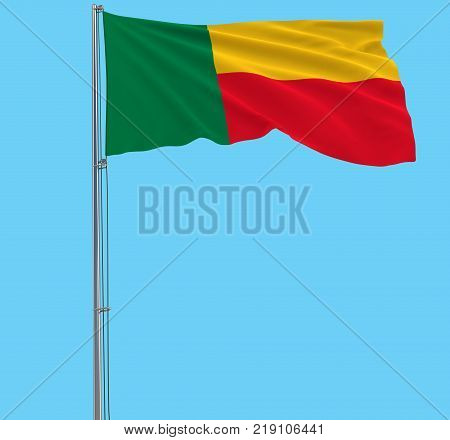Isolate flag of Benin on a flagpole fluttering in the wind on a blue background 3d rendering