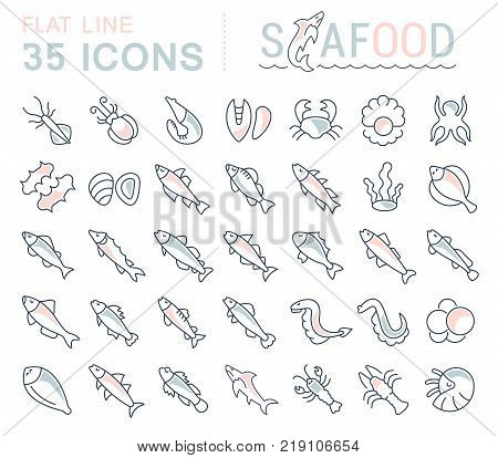 Set of vector line icons sign and symbols with flat elements of seafood for modern concepts web and apps. Collection of infographics logos and pictograms.