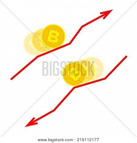Falling and growing bitcoin concept - two vector images isolated on white background. Gold coin with currency sign moving along red line with arrow. Cartoon financial graph.