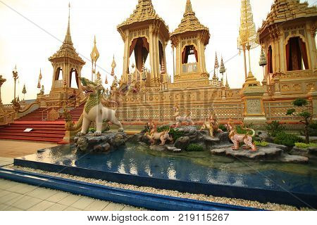 Demi-god and heaven animal decoration in front of King Rama IX Crematorium pyre site. Bangkok Thailand