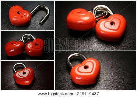 Romantic love background. Red  padlock on a black background. Photocollage.