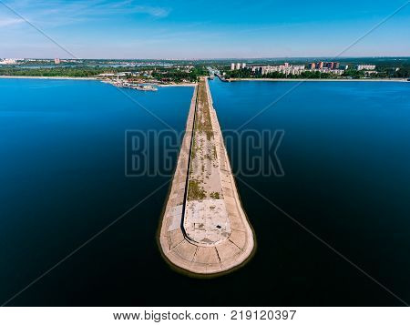 Aerial view breakwater at sea, cutwater, pier, groyne mole